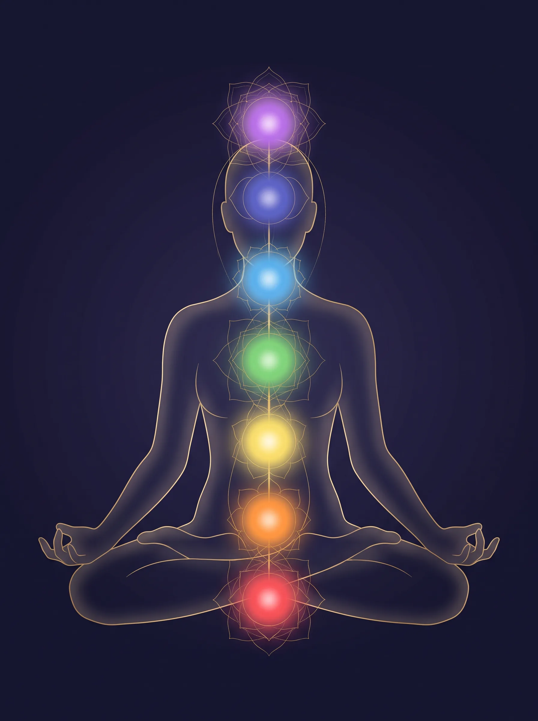 Illustration of seven glowing chakra orbs aligned along a seated meditating silhouette