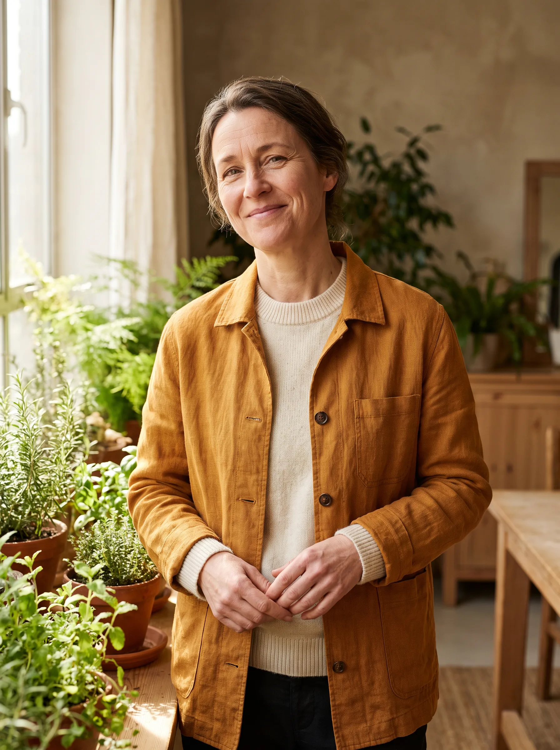 Portrait of the healer in warm linen clothing near plants, gentle natural light