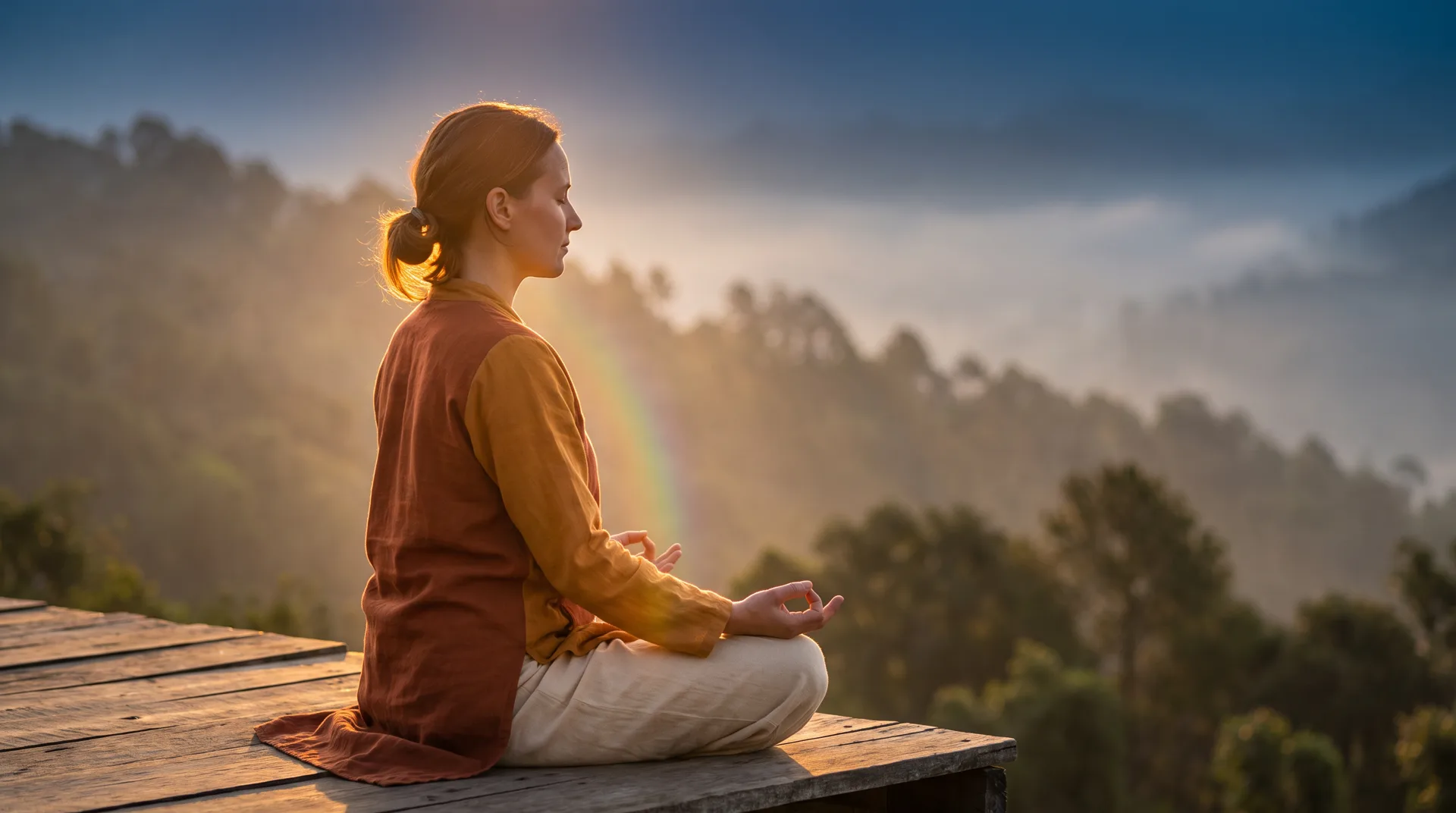 A figure meditating at golden hour in the Himalayan hills, surrounded by a soft rainbow aura