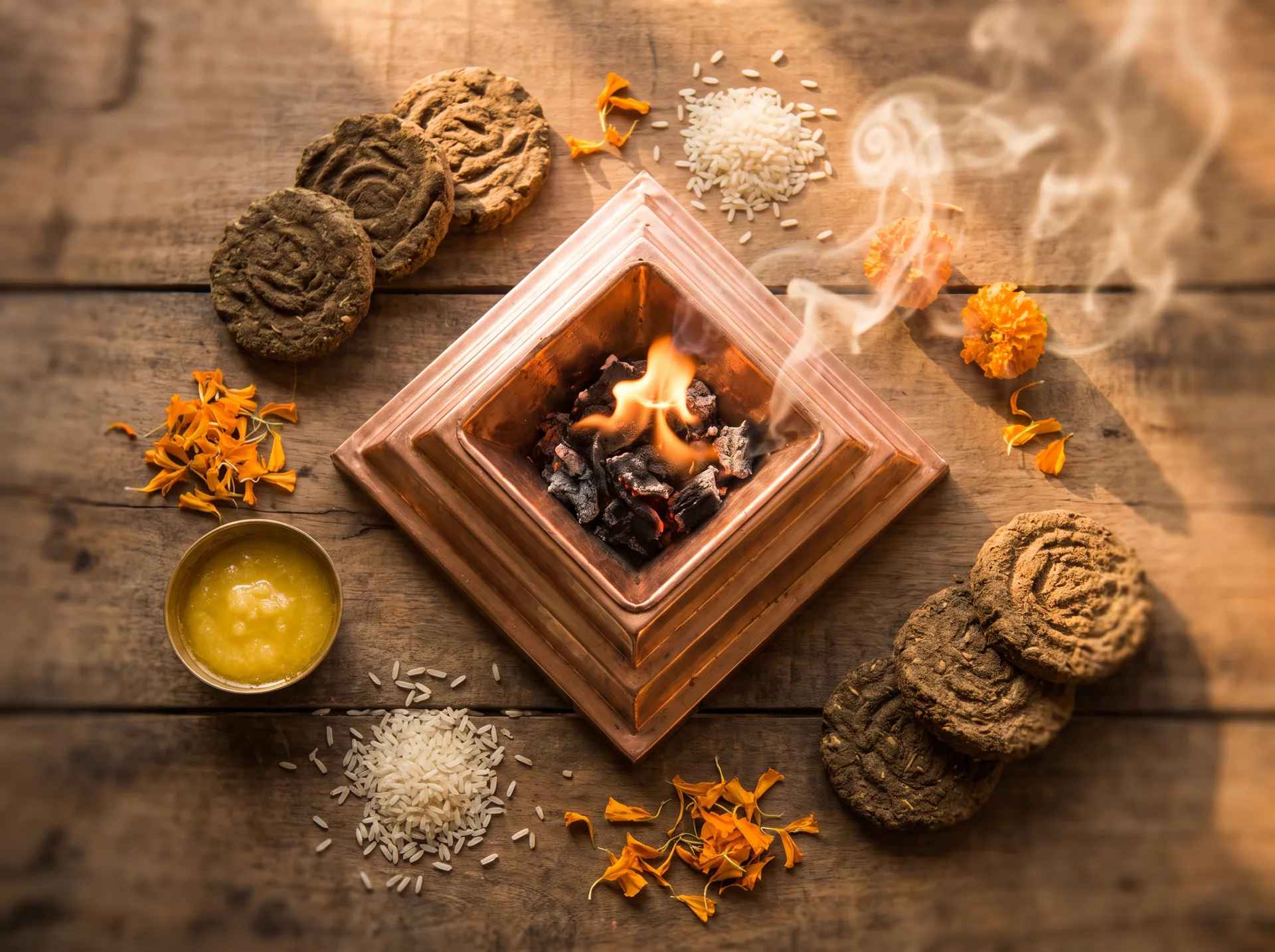 Copper pyramid vessel for the Agnihotra fire ritual with flames, cow dung cakes and marigolds