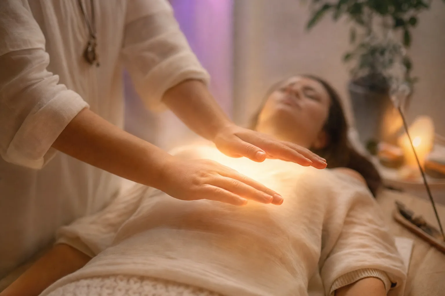 Healer's hands glowing gently above a person lying down during a Lama Fera energy healing session