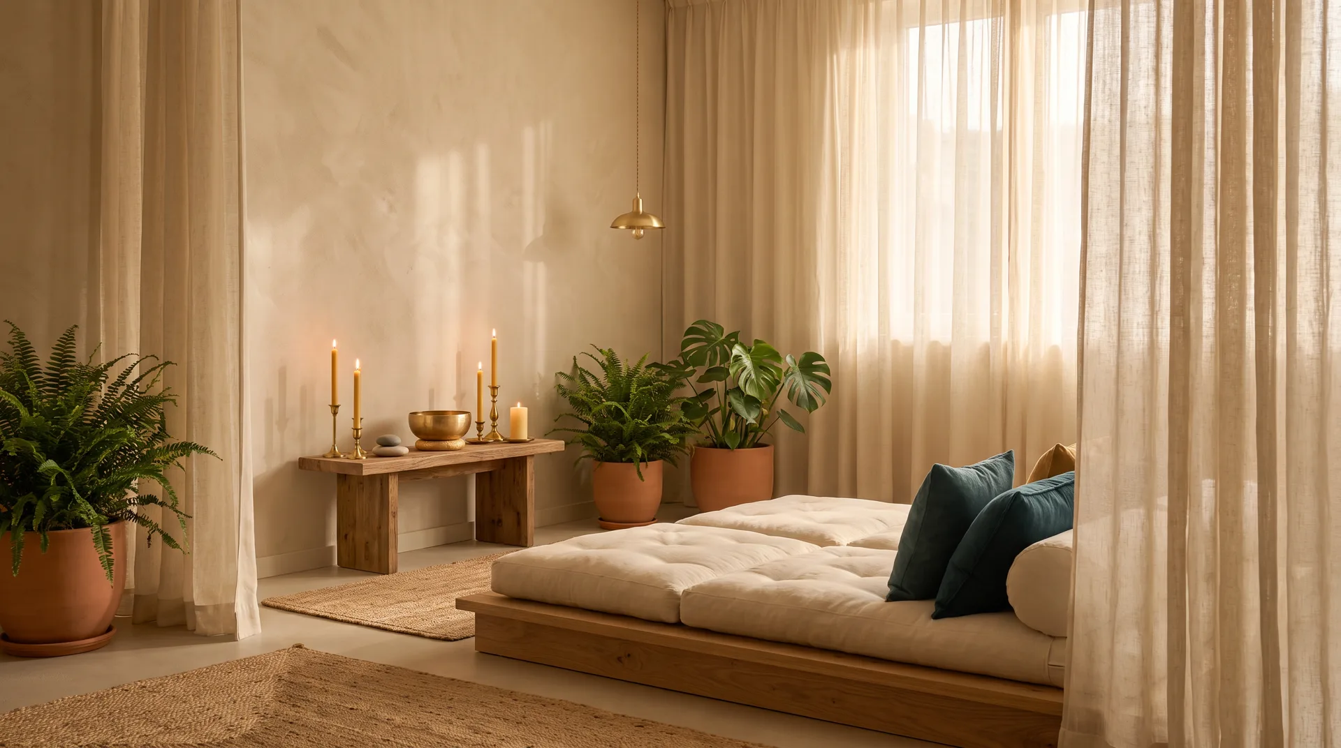 Warm healing studio interior with cushions, candles and a singing bowl